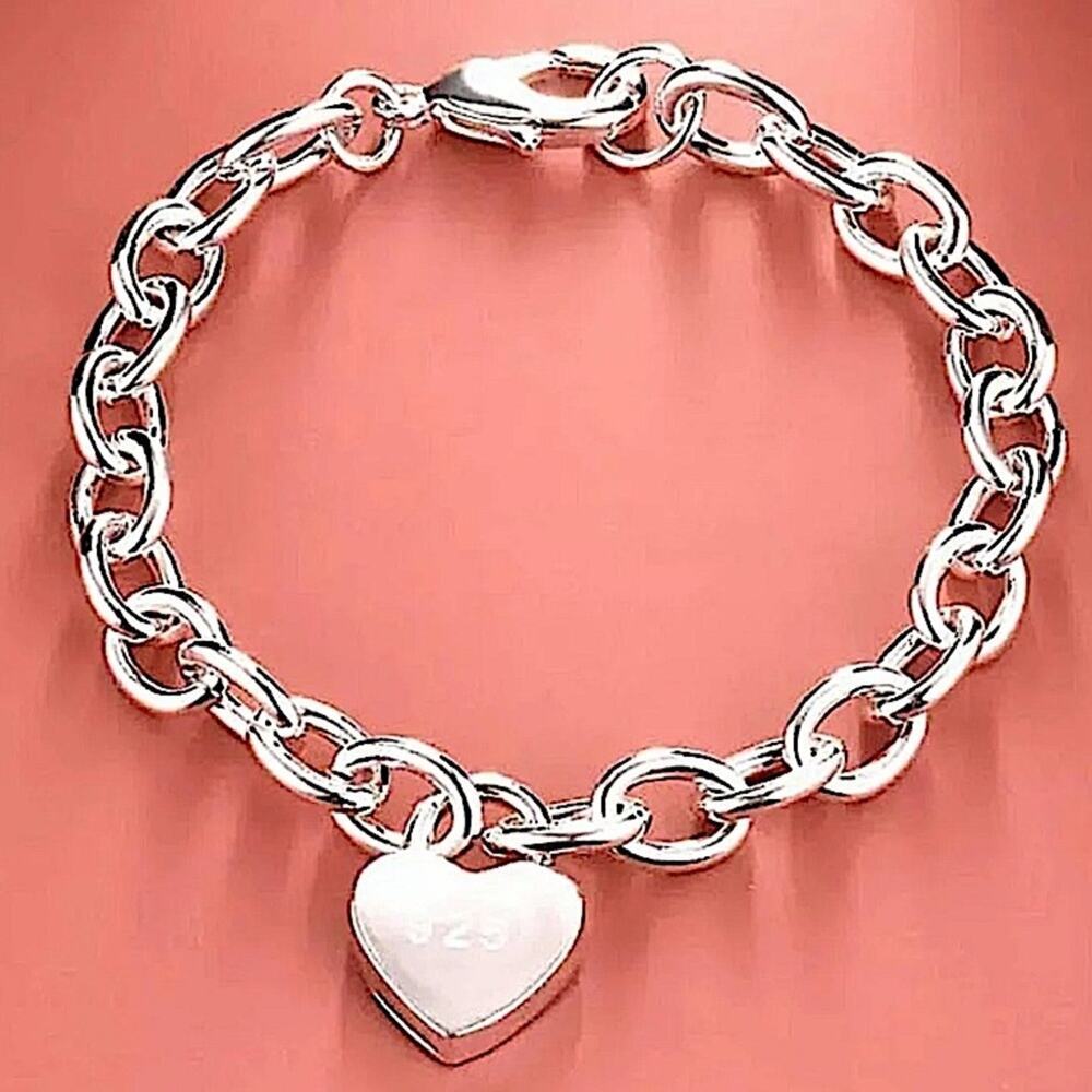 Sterling Silver Heart Lock Chain Link Bracelet